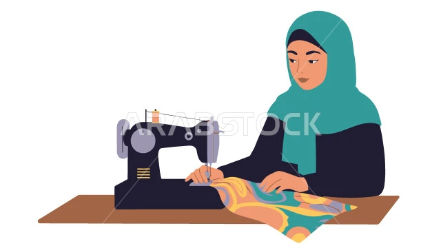 استعمال أدوات ومعدات الحياكة، تفصيل الملابس النسائية، صورة مقربة لامراة عربية خليجية سعودية تستخدم ماكينة خياطة، مهن و حرف يدوية شعبية، اختيار أجود أنواع الأقمشة لصناعة الأثواب، خلفية بيضاء، فيكتور اليستريتور