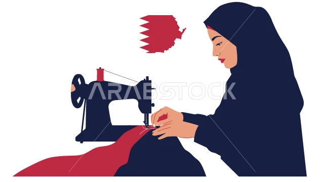 Popular professions and crafts, using knitting tools and equipment, tailoring women's clothing, close-up of a Qatari Gulf Arab woman using a sewing machine, choosing the finest fabrics for making dresses, white background, Illustrator vector
