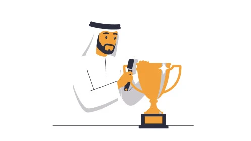 Winning first place in a competition, winning the championship, the concept of masculinity and self-confidence, an Arab Gulf Emirati man wearing a kandura and ghutra and next to him a golden cup, elegance and interest in external appearance, white background, vector illustrator