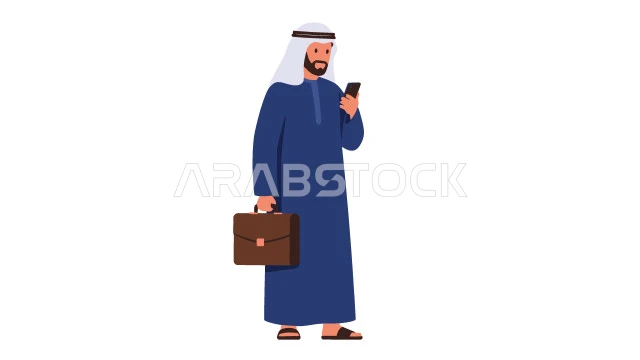 تصفح التطبيقات والتواصل مع الاهل والاصدقاء، مفهوم الرجولة والثقة بالنفس, رجل عربي خليجي إماراتي يرتدي الكندورة والغترة يحمل بيده حقيبة جلد والهاتف المحمول، الأناقة والاهتمام بالمظهر الخارجي، خلفية بيضاء، فيكتور اليستريتور