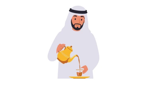 الاستمتاع بالمشروب الساخن، مفهوم الرجولة والثقة بالنفس, رجل عربي خليجي إماراتي يرتدي الكندورة والغترة يقوم بصب الشاي، الأناقة والاهتمام بالمظهر الخارجي، خلفية بيضاء، فيكتور اليستريتور