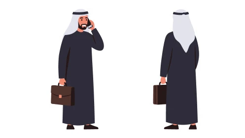 اجراء مكالمة هاتفية، التواصل مع الاهل والاصدقاء، مفهوم الرجولة والثقة بالنفس, رجل عربي خليجي إماراتي يرتدي الكندورة والغترة يحمل بيده حقيبة جلد ويقوم باستخدام الهاتف المحمول، الأناقة والاهتمام بالمظهر الخارجي، خلفية بيضاء، فيكتور اليستريتور