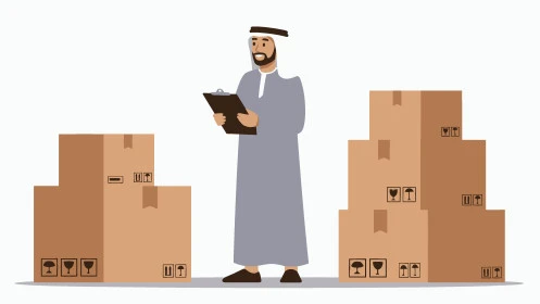 توصيل طلبيات الاونلاين السريع، مفهوم التسوق الإلكتروني الآمن، مفهوم الرجولة والثقة بالنفس, رجل عربي خليجي إماراتي يرتدي الكندورة والغترة يقف باستقامة وبجانبه صناديق كرتونية، الأناقة والاهتمام بالمظهر الخارجي، خلفية بيضاء، فيكتور اليستريتور