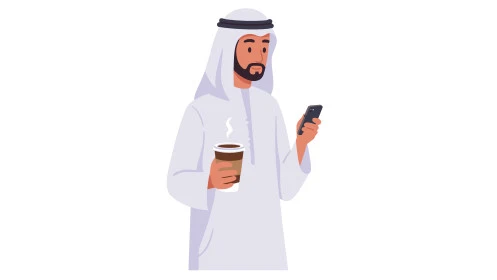 التواصل مع الاهل والاصدقاء، مفهوم الرجولة والثقة بالنفس, رجل عربي خليجي إماراتي يرتدي الكندورة والغترة يحمل بيده كوب من القهوة ويقوم باستخدام الهاتف المحمول، الأناقة والاهتمام بالمظهر الخارجي، خلفية بيضاء، فيكتور اليستريتور