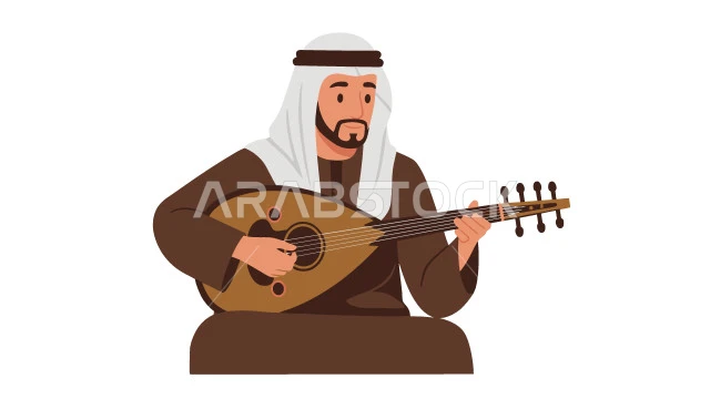 الإستمتاع بالعزف على الآلة الموسيقية، جلسة وناسة وطرب، مفهوم الرجولة والثقة بالنفس, رجل عربي خليجي إماراتي يرتدي الكندورة والغترة يحمل بيده العود، الأناقة والاهتمام بالمظهر الخارجي، خلفية بيضاء، فيكتور اليستريتور