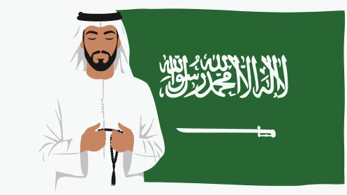 يوم العلم 11مارس، الاحتفال بذكرى اليوم الوطني السعودي، رجل عربي خليجي سعودي يرتدي الثوب التقليدي والغترة يحمل بيده السبحة، الأناقة والاهتمام بالمظهر الخارجي، خلفية علم المملكة العربية السعودية، فيكتور اليستريتور