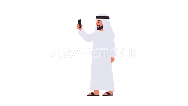 تصفح التطبيقات والتواصل مع الاهل والاصدقاء، مفهوم الرجولة والثقة بالنفس, رجل عربي خليجي إماراتي يرتدي الكندورة والغترة يحمل بيده الهاتف المحمول، الأناقة والاهتمام بالمظهر الخارجي، خلفية بيضاء، فيكتور اليستريتور