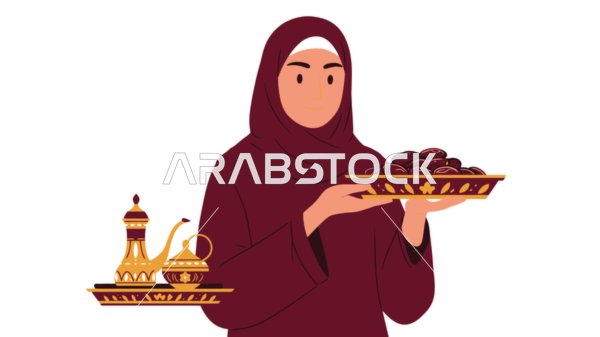 امراه عربيه سعوديه خليجيه محجبه ترتدي عباءه باللون البني تحمل بيدها طبق من التمر , كرم الضيافه الخليجيه التقليديه, تقديم القهوه العربيه مع البلح السعودي , فيكتور اليستريتور
