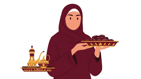 A Saudi Arabian Gulf woman wearing a brown abaya and a headscarf is holding a plate of dates in her hand, showcasing traditional Gulf hospitality, serving Arabic coffee with Saudi dates, vector illustration.