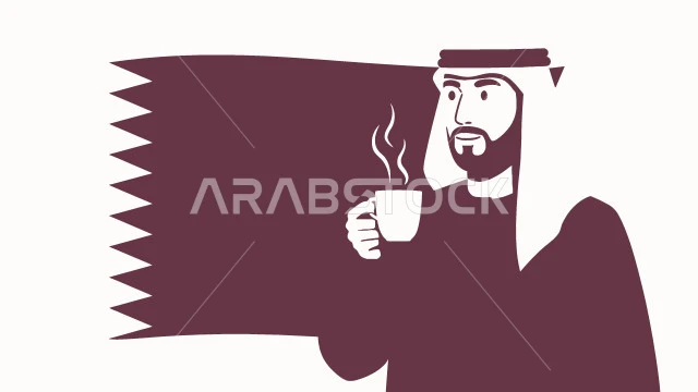 الاستمتاع بالمشروب الساخن المفضل، مفهوم الرجولة والثقة بالنفس, رجل عربي خليجي قطري يرتدي الثوب التقليدي والغترة يحمل بيده كوب من القهوة، الأناقة والاهتمام بالمظهر الخارجي، خلفية بيضاء مع علم قطر، فيكتور اليستريتور
