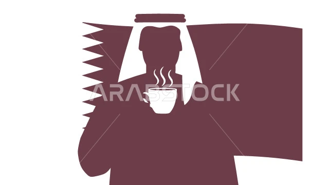 الاستمتاع بالمشروب الساخن المفضل، مفهوم الرجولة والثقة بالنفس, رجل عربي خليجي قطري يرتدي الثوب التقليدي والغترة يحمل بيده كوب من القهوة، الأناقة والاهتمام بالمظهر الخارجي، خلفية بيضاء مع علم قطر، فيكتور اليستريتور