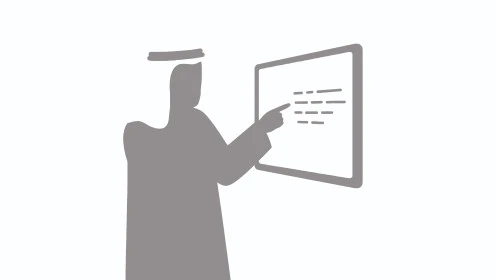 الاشارة باصبع السبابة الى الشاشة، مفهوم الرجولة والثقة بالنفس, رجل عربي خليجي إماراتي يرتدي الكندورة والغترة يقف باستقامة، الأناقة والاهتمام بالمظهر الخارجي، خلفية بيضاء، فيكتور اليستريتور