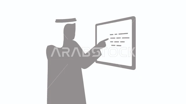 Pointing index finger at screen, concept of masculinity and self-confidence, Arab Gulf Emirati man wearing kandura and ghutra standing straight, elegance and interest in outward appearance, white background, vector illustrator