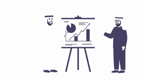 ضمان فهم واضح للاعمال باستخدام السبورة، وضع الخطط الاستراتيجية لتحقيق الأهداف، رجلان عربيان خليجيان اماراتيان يرتديان الكندورة والغترة يعقدان اجتماع داخل مقر الشركة، تعلم اساليب العمل والتطوير المهني، خلفية بيضاء، فيكتور اليستريتور