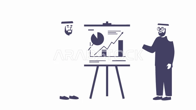 ضمان فهم واضح للاعمال باستخدام السبورة، وضع الخطط الاستراتيجية لتحقيق الأهداف، رجلان عربيان خليجيان اماراتيان يرتديان الكندورة والغترة يعقدان اجتماع داخل مقر الشركة، تعلم اساليب العمل والتطوير المهني، خلفية بيضاء، فيكتور اليستريتور