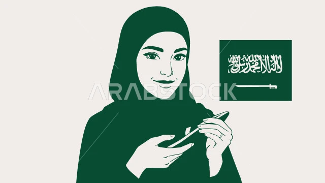 Saudi National Day September 23, Flag Day March 11, using a modern and advanced technical device, close-up of a veiled Saudi Arabian Gulf woman wearing an abaya using a mobile phone, white background with the flag of the Kingdom of Saudi Arabia, vector illustrator