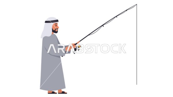 رجل صياد عربي سعودي خليجي يرتدي الغتره والثوب التقليدي يمسك بيده سنارة صيد , ممارسة هواية صيد السمك , خلفيه بيضاء , فيكتور اليستريتور