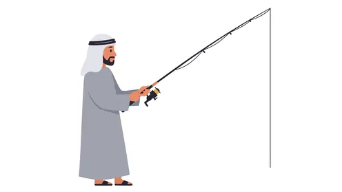 رجل صياد عربي سعودي خليجي يرتدي الغتره والثوب التقليدي يمسك بيده سنارة صيد , ممارسة هواية صيد السمك , خلفيه بيضاء , فيكتور اليستريتور