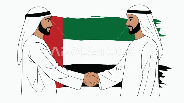 الشراكة في الأعمال والمشاريع، صداقات وتعارف وبناء علاقات اجتماعية، مفهوم الرجولة والثقة بالنفس, رجلان عربيان خليجيان إماراتيان يرتديان الكندورة والغترة يقومان بمصافحة بعضهما، الأناقة والاهتمام بالمظهر الخارجي، خلفية بيضاء ، فيكتور اليستريتور