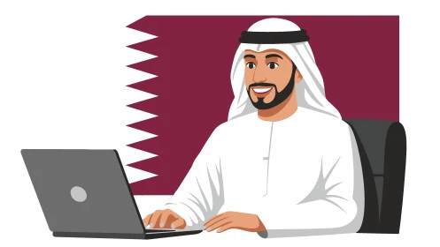 استخدام جهاز تقني حديث ومتطور، العمل عن بعد، مفهوم الرجولة والثقة بالنفس, رجل عربي خليجي قطري يرتديان الثوب التقليدي والغترة يستخدم الحاسوب المحمول، الأناقة والاهتمام بالمظهر الخارجي، خلفية بيضاء ، فيكتور اليستريتور