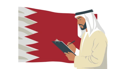 تدوين وكتابة شيء ما، مفهوم الرجولة والثقة بالنفس, رجل عربي خليجي قطري يرتديان الثوب التقليدي والغترة يحمل بيده دفتر لتسجيل الملاحظات ، الأناقة والاهتمام بالمظهر الخارجي، خلفية بيضاء مع علم قطر، فيكتور اليستريتور