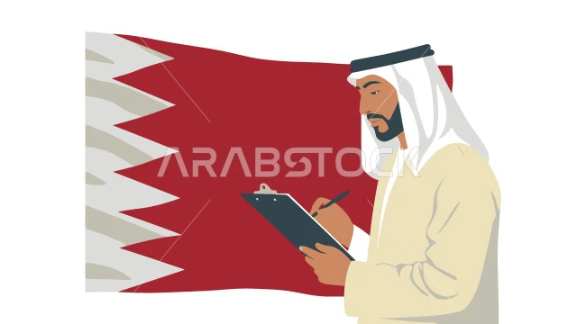 تدوين وكتابة شيء ما، مفهوم الرجولة والثقة بالنفس, رجل عربي خليجي قطري يرتديان الثوب التقليدي والغترة يحمل بيده دفتر لتسجيل الملاحظات ، الأناقة والاهتمام بالمظهر الخارجي، خلفية بيضاء مع علم قطر، فيكتور اليستريتور