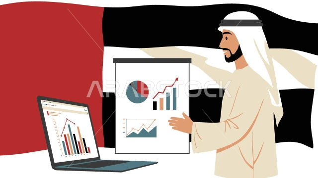 مراقبة الإقتصاد والمعلومات المالية، متابعة مخطط الرسوم البيانية، دمج الأجهزة التقنية الحديثة في الحياة العملية، رجل عربي خليجي اماراتي يرتدي الكندورة والغترة يستخدم الحاسوب المحمول، الاهتمام بالمظهر الخارجي، خلفية بيضاء، فيكتور اليستريتور