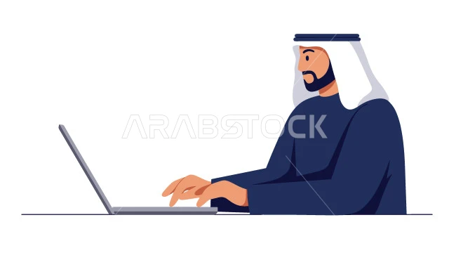 Integrating modern technology into practical life, the concept of masculinity and self-confidence, an Arab Gulf Emirati man wearing a kandura and ghutra using a laptop, elegance and interest in outward appearance, white background, Illustrator vector