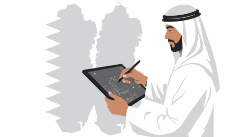 Integrating modern technology into practical life, the concept of masculinity and self-confidence, an Emirati Gulf Arab man wearing a kandura and ghutra using a tablet, elegance and interest in outward appearance, white background, vector illustrator
