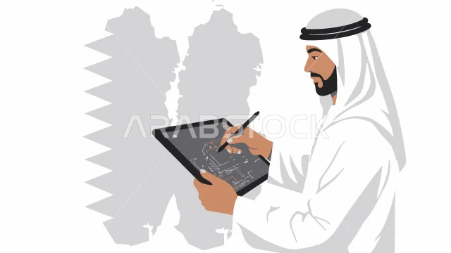 Integrating modern technology into practical life, the concept of masculinity and self-confidence, an Emirati Gulf Arab man wearing a kandura and ghutra using a tablet, elegance and interest in outward appearance, white background, vector illustrator