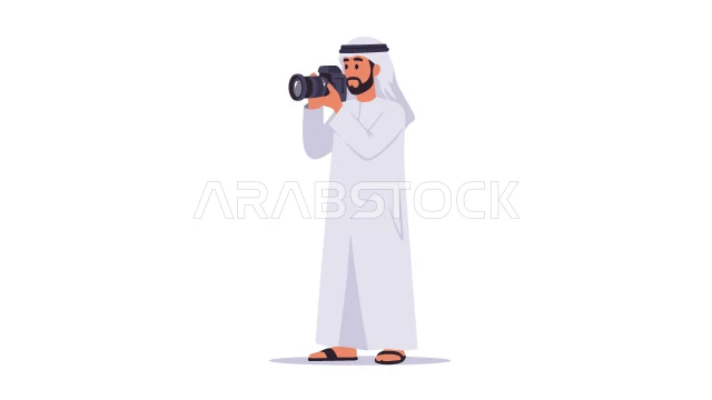 Professional photography using a high-resolution camera, the concept of masculinity and self-confidence, an Emirati Gulf Arab man wearing a kandura and ghutra holding a camera in his hand, elegance and interest in outward appearance, white background, Illustrator vector
