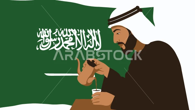 يوم العلم 11مارس، الاحتفال بذكرى اليوم الوطني السعودي، مفهوم الرجولة والثقة بالنفس, رجل عربي خليجي سعودي يرتدي الثوب التقليدي والشماغ يقوم بصب القهوة، الأناقة والاهتمام بالمظهر الخارجي، خلفية بيضاء ، فيكتور اليستريتور