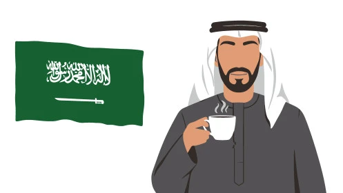 يوم العلم 11مارس، الاحتفال بذكرى اليوم الوطني السعودي، مفهوم الرجولة والثقة بالنفس, رجل عربي خليجي سعودي يرتدي الثوب التقليدي والشماغ يقوم بشرب القهوة، الأناقة والاهتمام بالمظهر الخارجي، خلفية بيضاء ، فيكتور اليستريتور