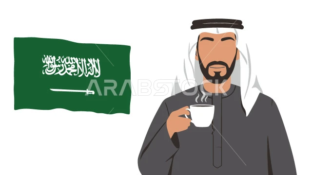 Flag Day March 11, Saudi National Day celebration, concept of masculinity and self-confidence, Saudi Arabian Gulf man wearing traditional thobe and shemagh drinking coffee, elegance and attention to appearance, white background, vector illustrator