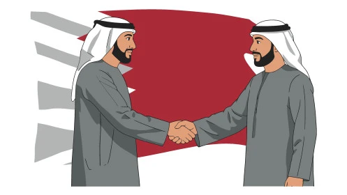 الشراكة في الأعمال والمشاريع، صداقات وتعارف وبناء علاقات اجتماعية، مفهوم الرجولة والثقة بالنفس, رجلان عربيان خليجيان قطريان يرتديان الثوب التقليدي والغترة يقومان بمصافحة بعضهما، الأناقة والاهتمام بالمظهر الخارجي، خلفية بيضاء ، فيكتور اليستريتور