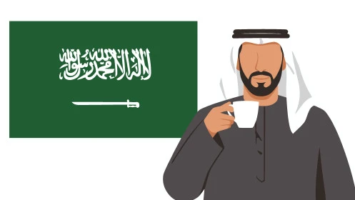 يوم العلم 11مارس، الاحتفال بذكرى اليوم الوطني السعودي، مفهوم الرجولة والثقة بالنفس, رجل عربي خليجي سعودي يرتدي الثوب التقليدي والشماغ يقوم بشرب القهوة، الأناقة والاهتمام بالمظهر الخارجي، خلفية بيضاء ، فيكتور اليستريتور