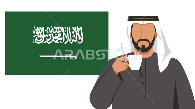 يوم العلم 11مارس، الاحتفال بذكرى اليوم الوطني السعودي، مفهوم الرجولة والثقة بالنفس, رجل عربي خليجي سعودي يرتدي الثوب التقليدي والشماغ يقوم بشرب القهوة، الأناقة والاهتمام بالمظهر الخارجي، خلفية بيضاء ، فيكتور اليستريتور