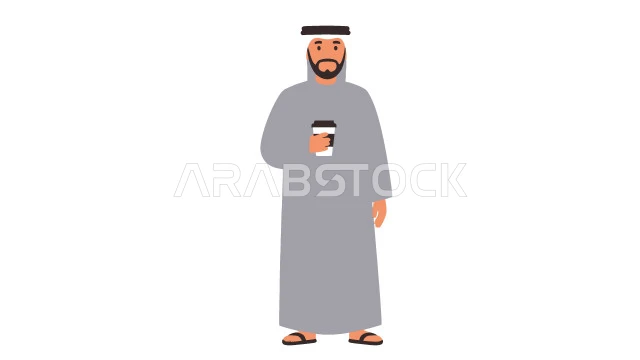 الاستمتاع بالمشروب الساخن المفضل، مفهوم الرجولة والثقة بالنفس, رجل عربي خليجي إماراتي يرتدي الكندورة والغترة يحمل بيده كوب من القهوة، الأناقة والاهتمام بالمظهر الخارجي، خلفية بيضاء، فيكتور اليستريتور