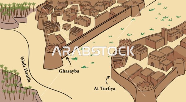 تصميم لخريطة الدرعية في الرياض، الحدود الجغرافية للبلاد، موقع تراثي عالمي، حضارة وتاريخ المملكة العربية السعودية،  معالم تاريخية مشهورة، فيكتور اليستريتور