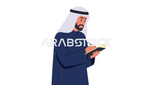 تدوين وكتابة شيء ما، مفهوم الرجولة والثقة بالنفس, رجل عربي خليجي إماراتي يرتدي الكندورة والغترة يحمل بيده دفتر لتسجيل الملاحظات ، الأناقة والاهتمام بالمظهر الخارجي، خلفية بيضاء، فيكتور اليستريتور