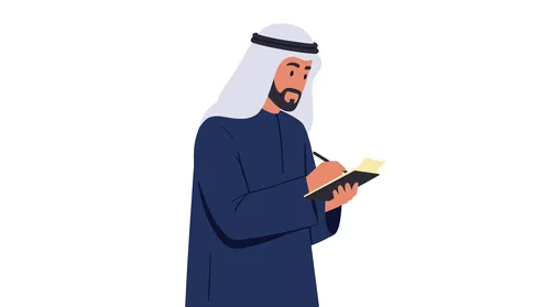 تدوين وكتابة شيء ما، مفهوم الرجولة والثقة بالنفس, رجل عربي خليجي إماراتي يرتدي الكندورة والغترة يحمل بيده دفتر لتسجيل الملاحظات ، الأناقة والاهتمام بالمظهر الخارجي، خلفية بيضاء، فيكتور اليستريتور