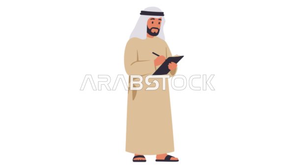 Writing something down, concept of masculinity and self-confidence, Emirati Gulf Arab man wearing kandura and ghutra holding notebook, elegance and interest in outward appearance, white background, vector illustrator