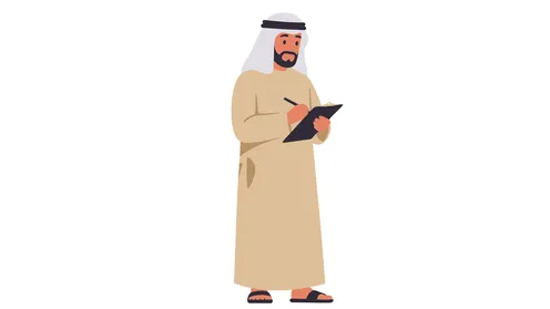 تدوين وكتابة شيء ما، مفهوم الرجولة والثقة بالنفس, رجل عربي خليجي إماراتي يرتدي الكندورة والغترة يحمل بيده دفتر لتسجيل الملاحظات ، الأناقة والاهتمام بالمظهر الخارجي، خلفية بيضاء، فيكتور اليستريتور