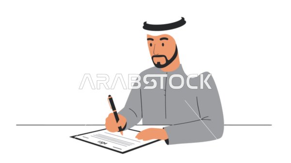 Writing something down, concept of masculinity and self-confidence, Emirati Gulf Arab man wearing kandura and ghutra holding notebook, elegance and interest in outward appearance, white background, vector illustrator