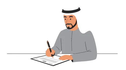 Writing something down, concept of masculinity and self-confidence, Emirati Gulf Arab man wearing kandura and ghutra holding notebook, elegance and interest in outward appearance, white background, vector illustrator