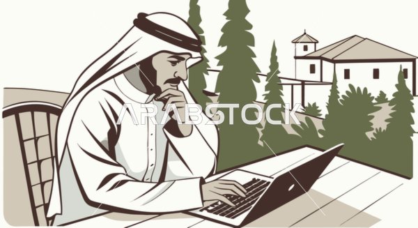 استخدام التقنيات الحديثة والمتطورة في العمل، رجل عربي خليجي سعودي يرتدي الثوب التقليدي والغترة يجلس خلف الطاولة يعمل على جهاز الحاسوب المحمول، انجاز مهام العمل عن بعد، فيكتور اليستريتور