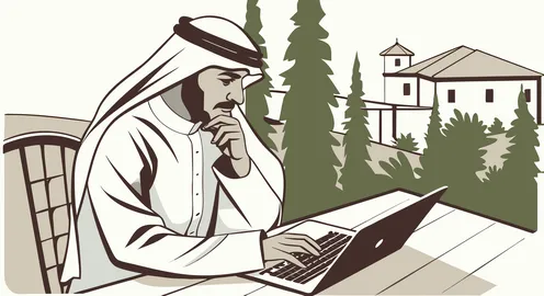 استخدام التقنيات الحديثة والمتطورة في العمل، رجل عربي خليجي سعودي يرتدي الثوب التقليدي والغترة يجلس خلف الطاولة يعمل على جهاز الحاسوب المحمول، انجاز مهام العمل عن بعد، فيكتور اليستريتور