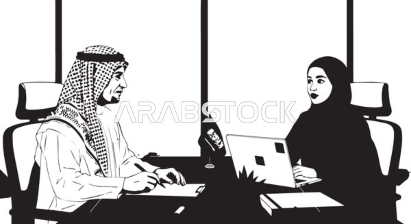 مفهوم التحاور وتبادل الأراء في خطط إنجاز الأعمال، رسم سكيتش بالاسود والابيض لبيئة العمل السعودي، مديرعربي خليجي سعودي يرتدي الشماغ والثوب التقليدي داخل مكتب تقوم بإجراء مقابلة عمل مع إحدى الموظفات، مهن ووظائف سعودية، دور المرأة في تطوير المجتمع