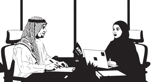 مفهوم التحاور وتبادل الأراء في خطط إنجاز الأعمال، رسم سكيتش بالاسود والابيض لبيئة العمل السعودي، مديرعربي خليجي سعودي يرتدي الشماغ والثوب التقليدي داخل مكتب تقوم بإجراء مقابلة عمل مع إحدى الموظفات، مهن ووظائف سعودية، دور المرأة في تطوير المجتمع