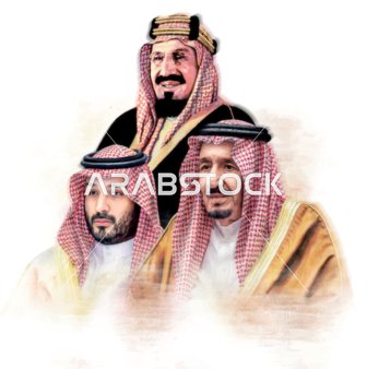 Saudi Royal Family Art Mural, HRH King Salman and Crown Prince Mohammed bin Saud with King Abdulaziz, founder of the Saudi state, white background, Vector Illustrator